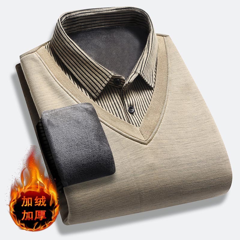 Winter Middle-aged and Elderly Dad fleece-lined Thickened Fake Two-piece Shirt Collar Top Solid Color Knitted Base Shirt Sweater for Men