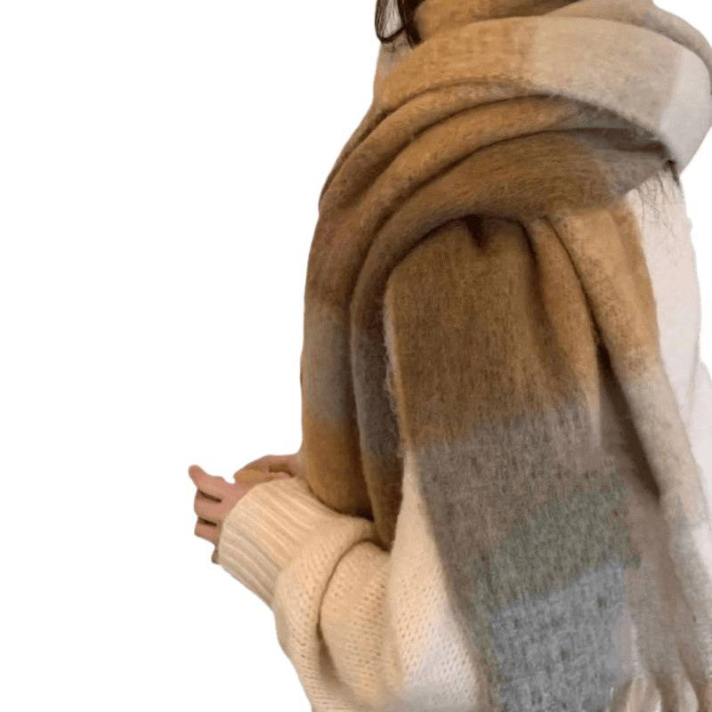 New Autumn and Winter Thickened Warm Rainbow Plaid Scarf European and American Style Loop Yarn Thick Tassel Color-Blocked Shawl