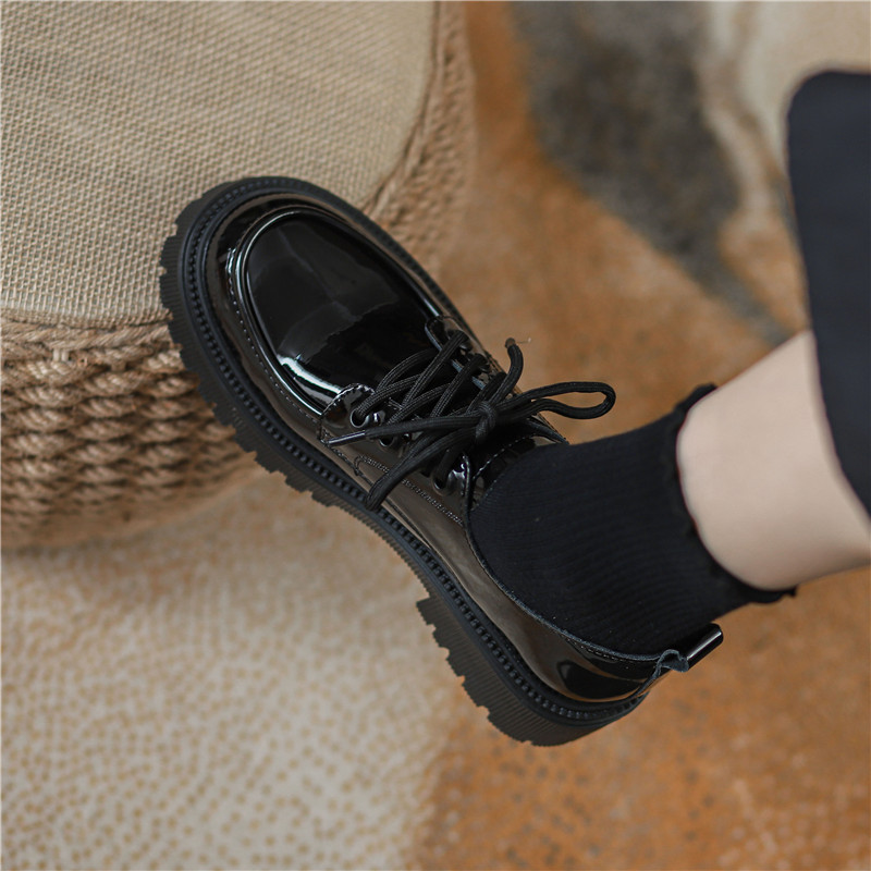 British Style Thick-Soled Small Leather Shoes for Women 2025 Spring New Style Lace-Up Round-Toe Casual Loafers Genuine Leather Glossy