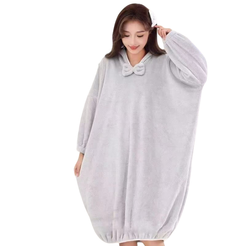 Coral fleece bathrobe female adult bath bathrobe absorbent quick-drying home nightgown pink free size blue gray