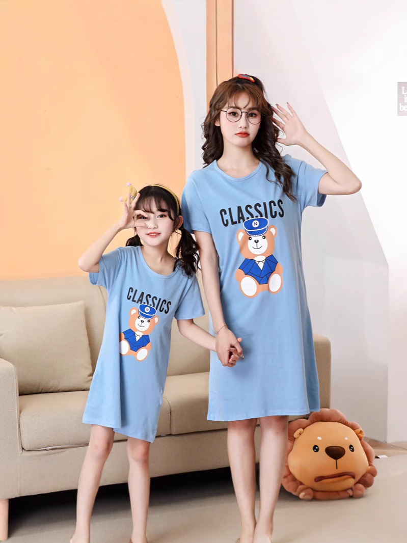 Children's Home Clothes Summer Thin Girl's Little Girl's Cute Cartoon Short-sleeved Pajamas Pure Cotton Parent-child Loose Nightgown
