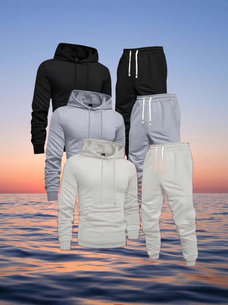 Cross-Border European Size 3-Piece Men's and Women's Sports Suit Pure Color Comfortable Hoodie and Jogging Pants Soft Breathable and Warm