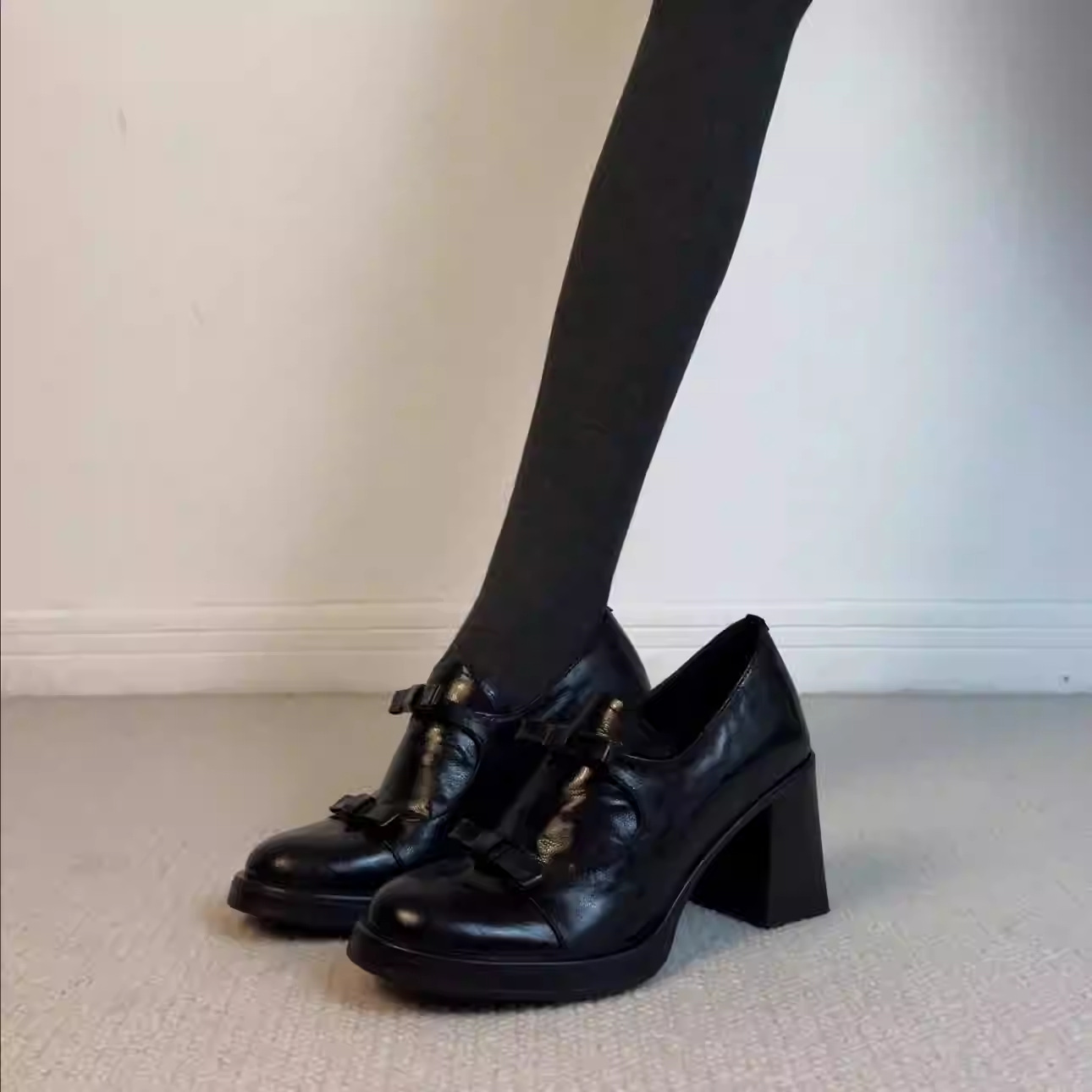 British Style ~ New French Loafers for Women with Chunky Heels, Slip-On Bow Versatile Small Leather Shoes for Women