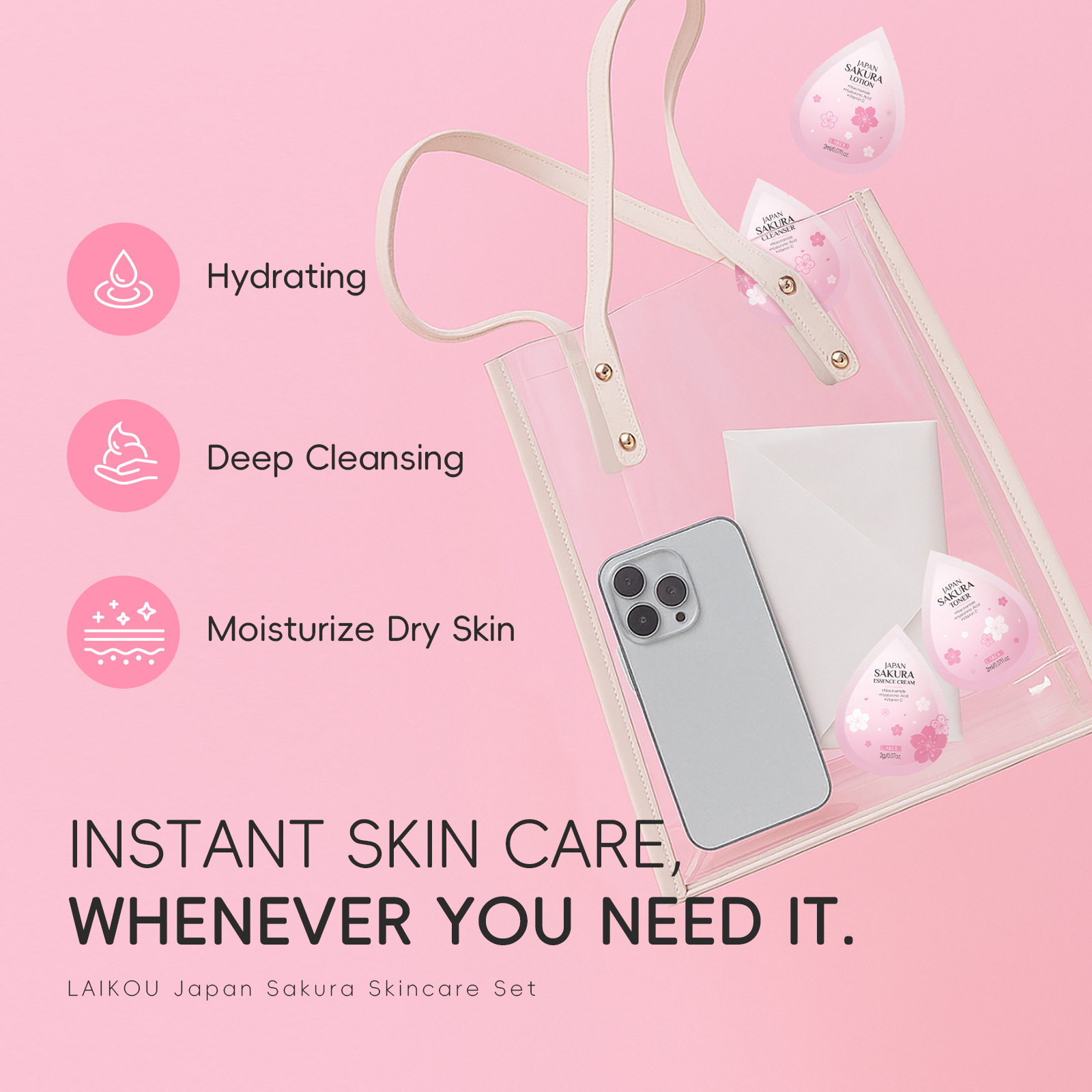 Laikou Japanese Cherry Blossom Set 4-Piece Trial Pack 2g Facial Cleanser, Lotion, and Cream Skincare Products