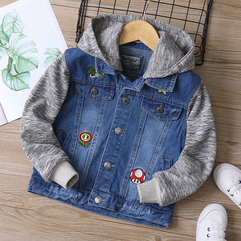 Cm-091 Cartoon Embroider Splicing Medium and Large Kidsren's Boys' Denim Jacket 2021 Spring New Kidsren's Clothing Kidsren's Jacket