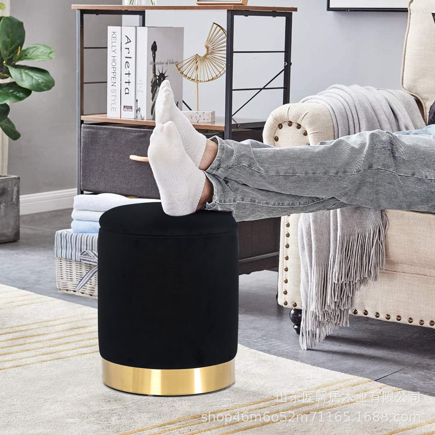 Light Luxury Round Dressing Stool, Modern Living Room Shoe-Changing Stool, Gold-Edged Household Simple Sofa Round Stool, Makeup Stool