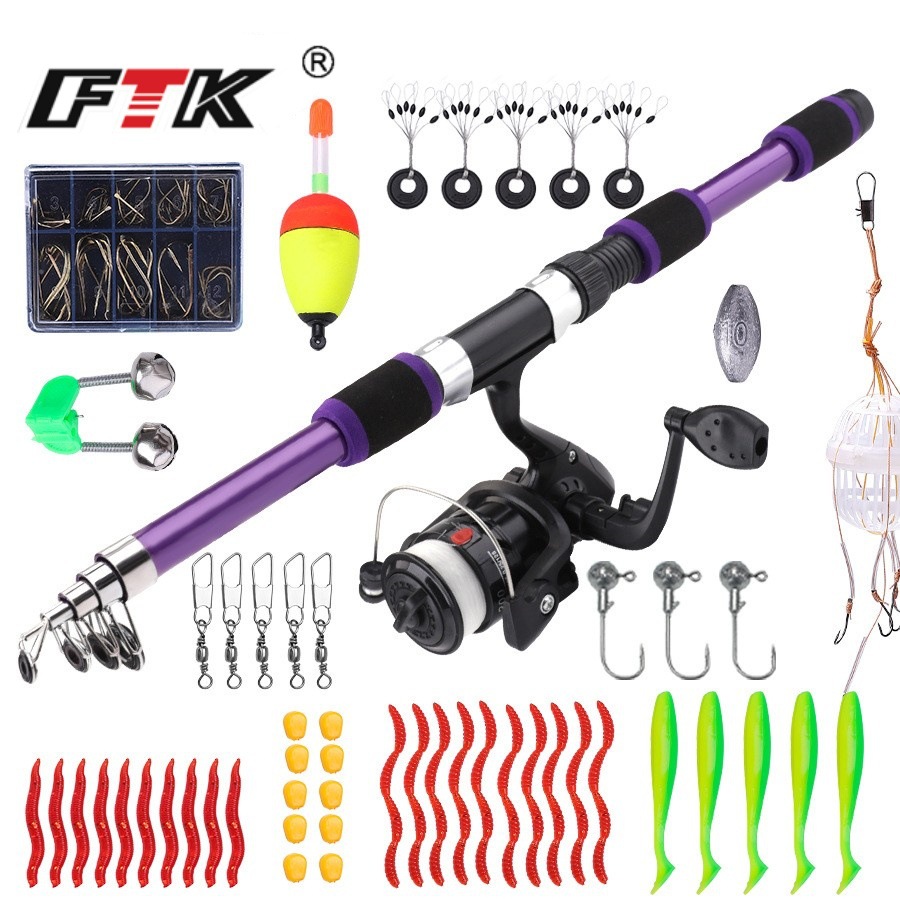 Набор для морской рыбалки Ftk, 55 предметов, телескопическое удилище 1.8м, портативный набор для начинающих, мягкие приманки, ловля карпа