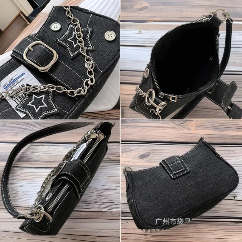 Y2K Millennium Star Denim Underarm Bag Button Decoration Fashion Trendy Niche Design Embroidered Canvas Tote Bag