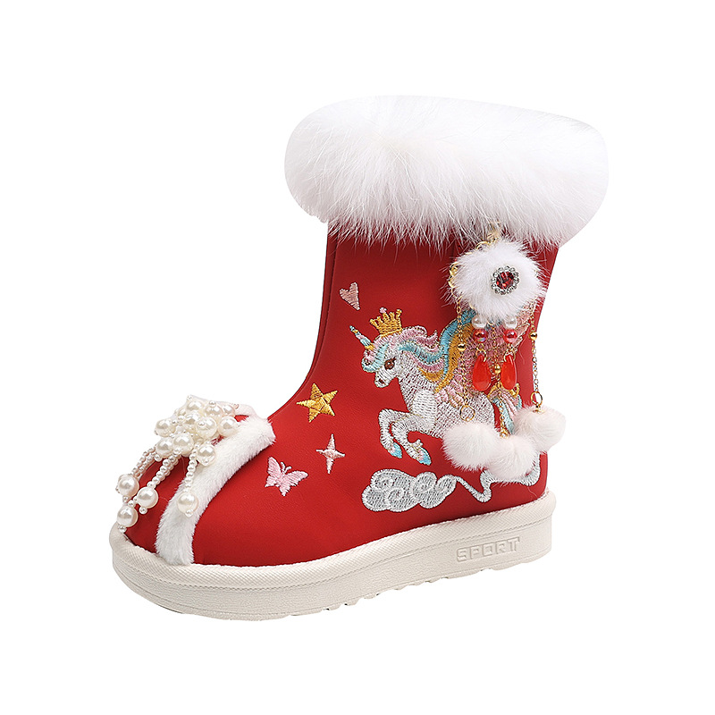 Winter Cotton Boots for Girls, Fleece-Lined Han Dynasty Shoes, Chinese Style Kidsren's Waterproof Leather Boots, Embroidered Shoes, Baby Snow Boots, Cotton Shoes