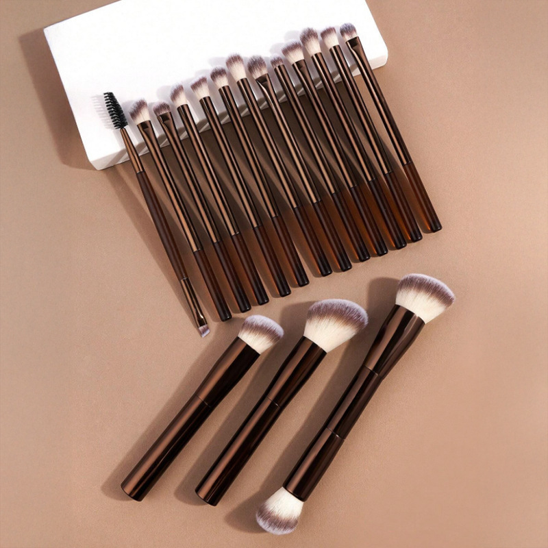 20-Piece Coffee-Colored Aluminum Tube Makeup Brush Set with Mushroom Head Powder Brush, Retractable Makeup Brush, and Non-Absorbent Powder Puff