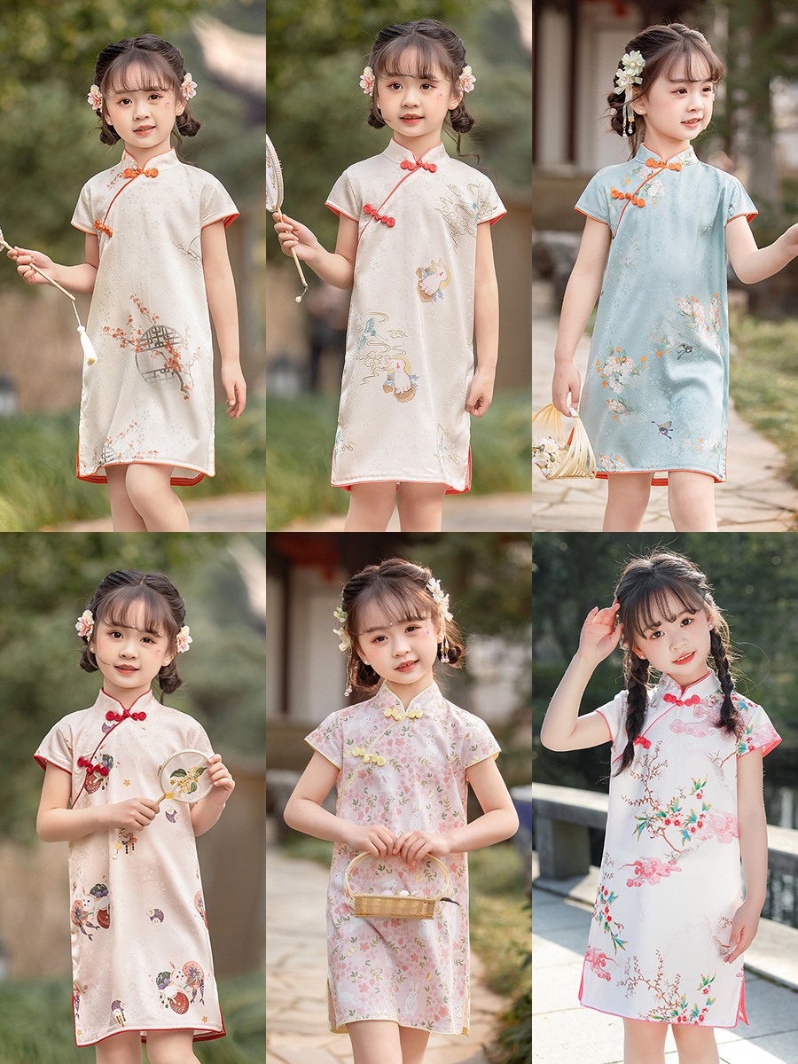 Girls' Short-sleeved Cheongsam Dress for 25 Years Summer New Children's Chinese Style dress Retro Baby Hanfu Internet Popular Fairy