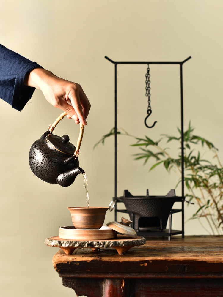 New Chinese-Style Tea Brewing Set with Adjustable Iron Frame Hook, Tea Room Hanging Kettle, Water Boiling Kettle, Charcoal Stove