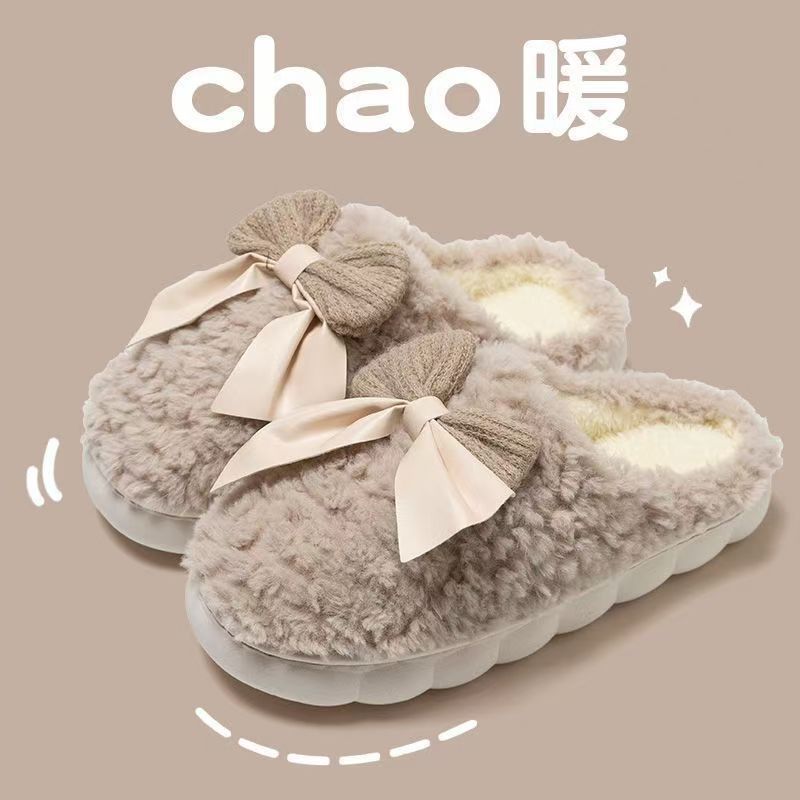 New Cotton Slippers for Men and Women in Winter with Bow Thick Soles for Home Furry Slippers Indoor Warm Fleece-Lined Thick Sole Confinement Shoes
