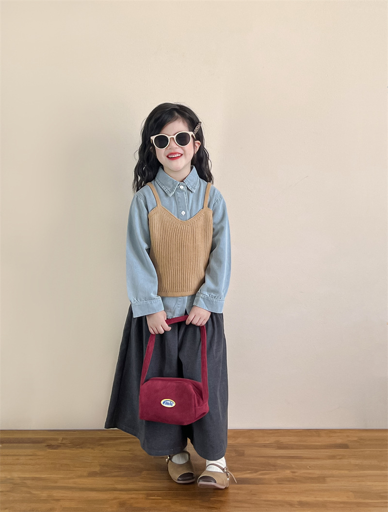 2026 Spring New Collection Korean Style Children's Clothing Girls' Fashionable Lapel Denim Shirt Baby Single-Breasted Top Shirt