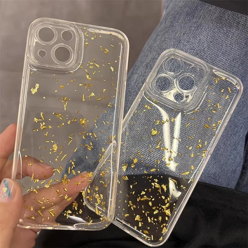 Epoxy Transparent Gold Foil Suitable for Apple 17Promax Mobile Phone Case Iphone16Pro Protective Cover 15/14 Anti-Fall