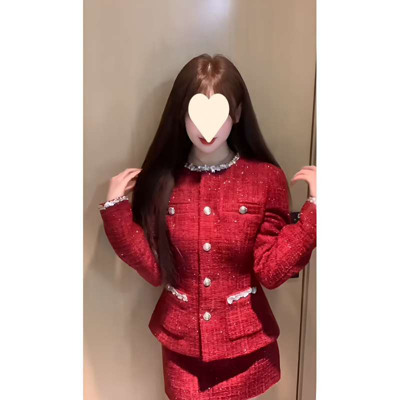 Rich Daughter's High-End Small Fragrance Jacket Autumn and Winter New High-Waist Slim Skirt New Year's Shirt Suit for Women