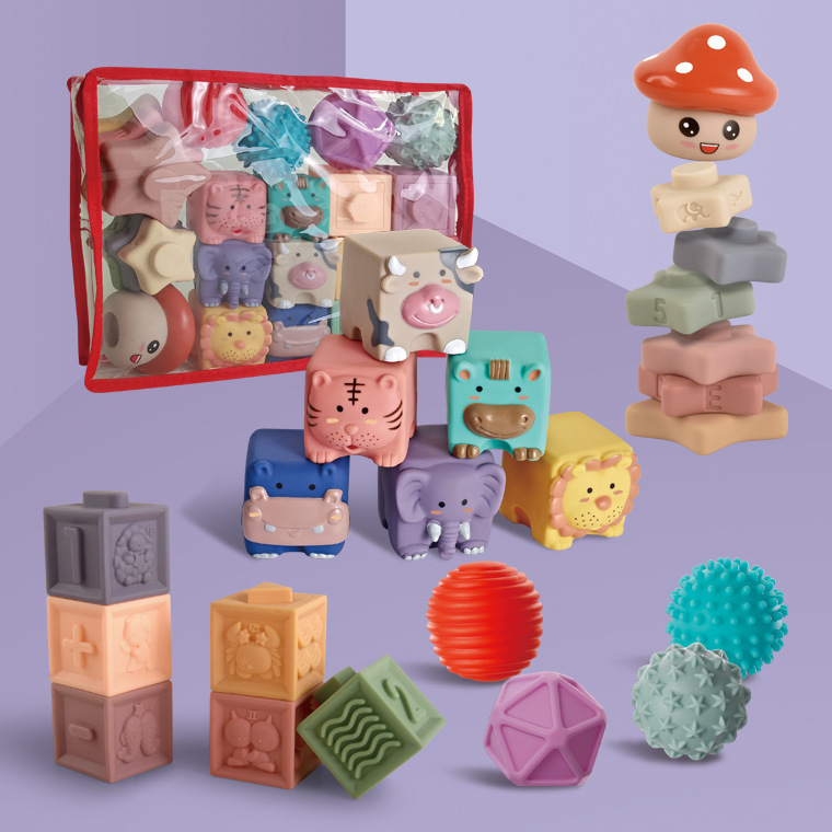 Cross-border Amazon Hot Selling Baby Soft Rubber Building Blocks Toys Stackle Handball Set Cartoon Animal Toys