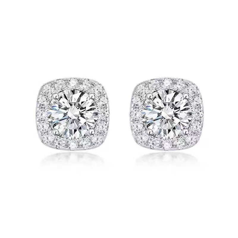 Pt950 Platinum Cultured Diamond Princess Bag Earrings for Women Simple Pierced Earrings Ear Jewelry Cross-Border Live Supply