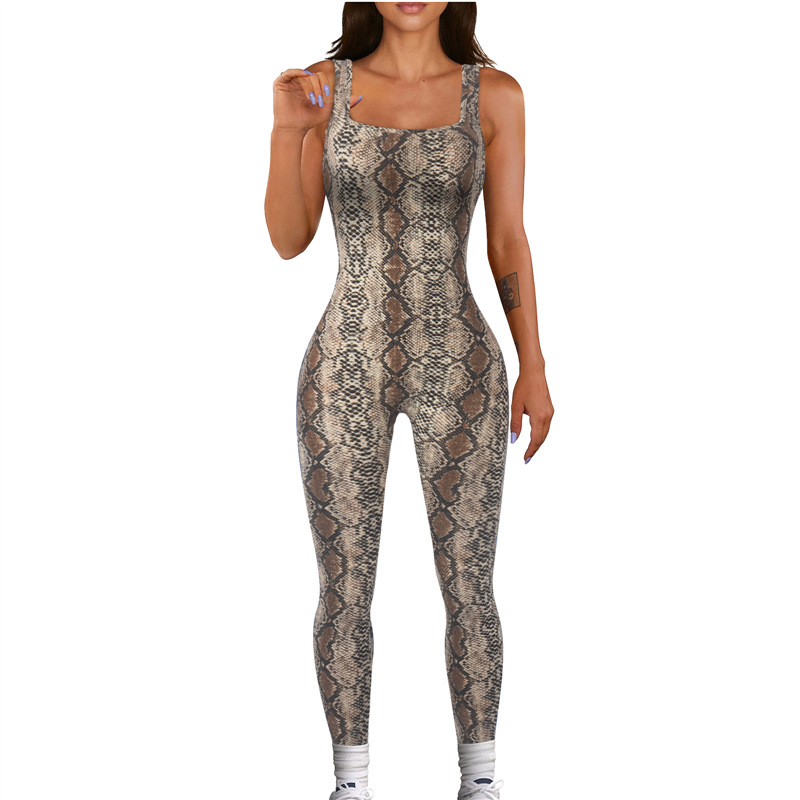 Foreign Trade Women's Printed Sleeveless Vest Jumpsuit Threaded Square Collar Backless Hip Lifting Slim Sports Jumpsuit Ready for Sale
