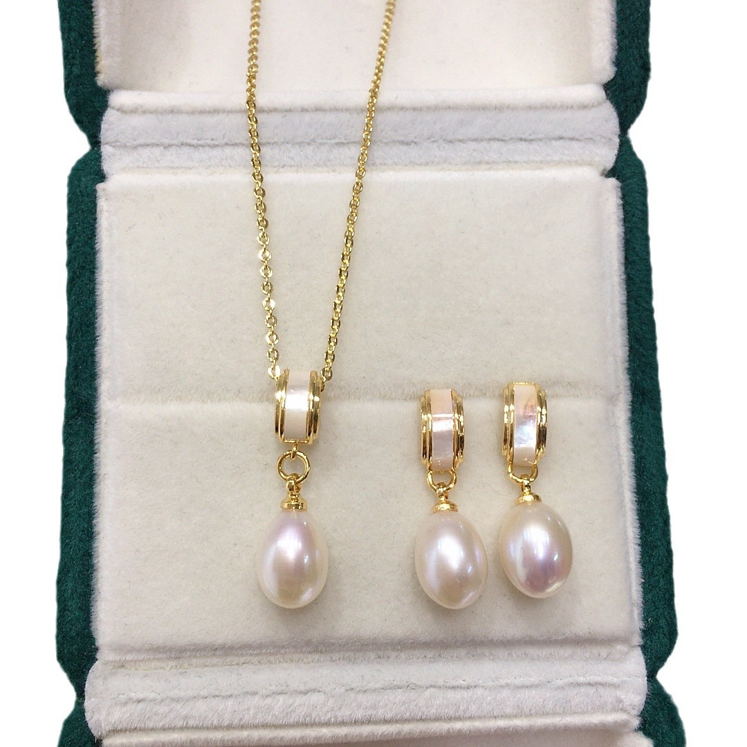 Highlight 5A grade drop-shaped natural freshwater pearl pendant earrings suit sea shell pearl jewelry wholesale