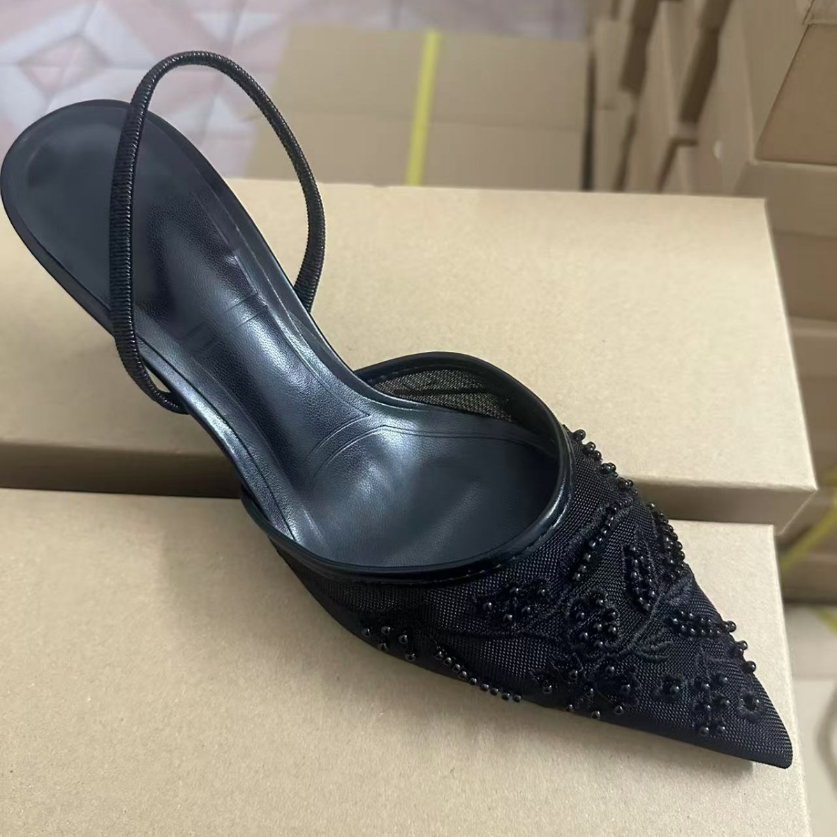 Spain ZA2024 Autumn New Muller Shoes White Embroidered Mesh Rear Trip Strap Thin Heeled High Heeled Dew Sandals