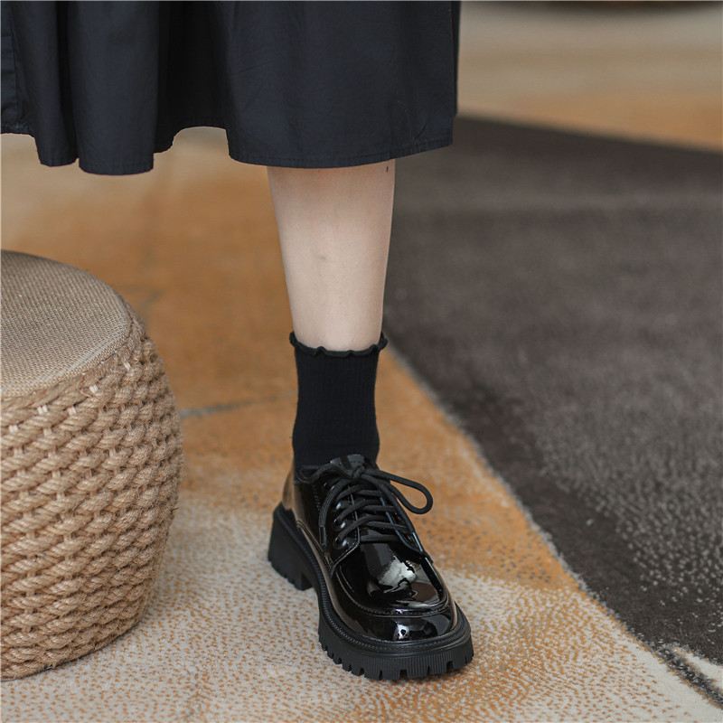 British Style Thick-Soled Small Leather Shoes for Women 2025 Spring New Style Lace-Up Round-Toe Casual Loafers Genuine Leather Glossy