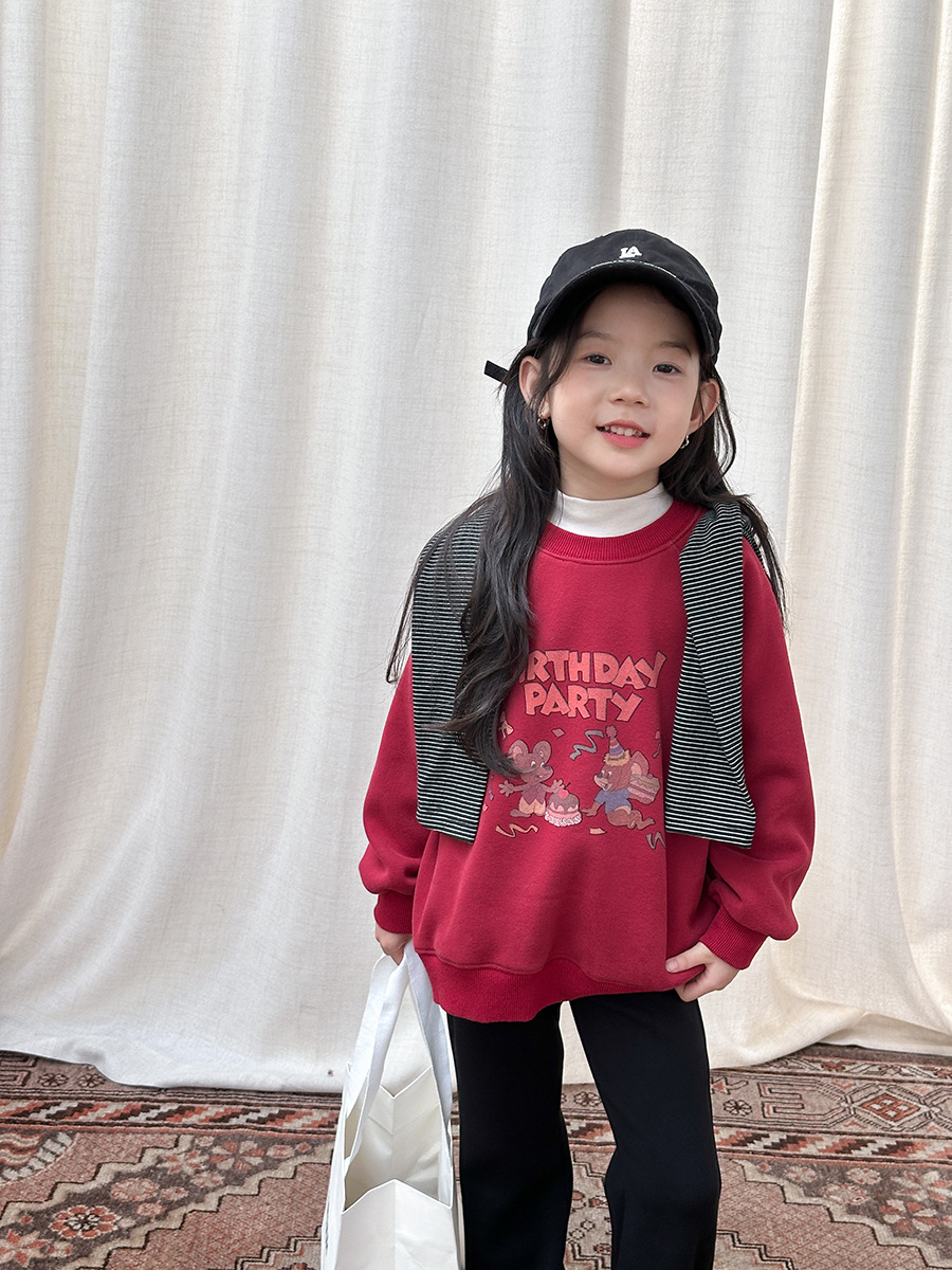 [Fleece-Lined] Elmo Beibei Korean-Style Casual School Pullover Sweatshirt for Boys and Girls, Warm Cartoon Sweatshirt