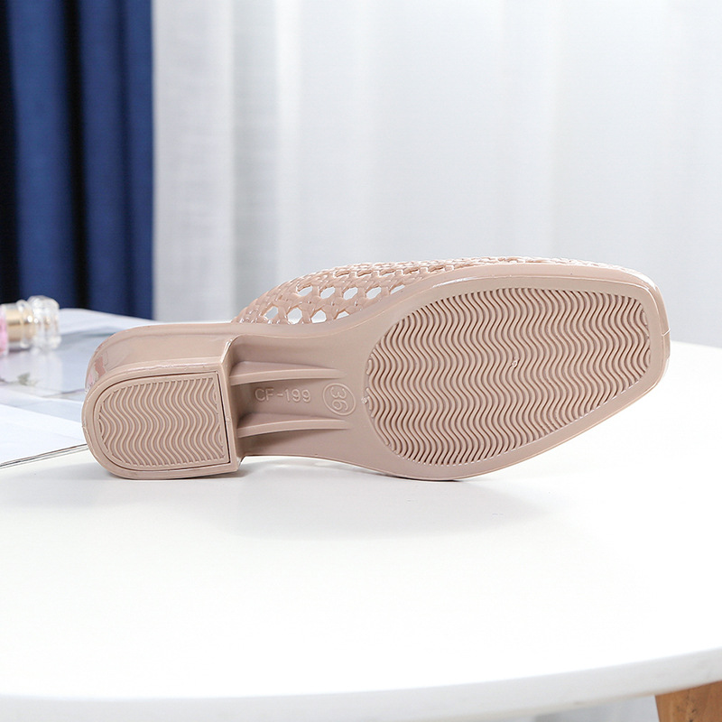 Fashion Net red sandals women's summer beach closed toe half slippers lazy crystal slippers thickened mid heel non-slip height increasing