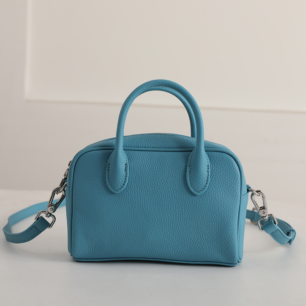 Korean Style Top Layer Cowhide Bowling Bag Women's Handbag Crossbody Bag Boston Bag Genuine Leather Small Bag