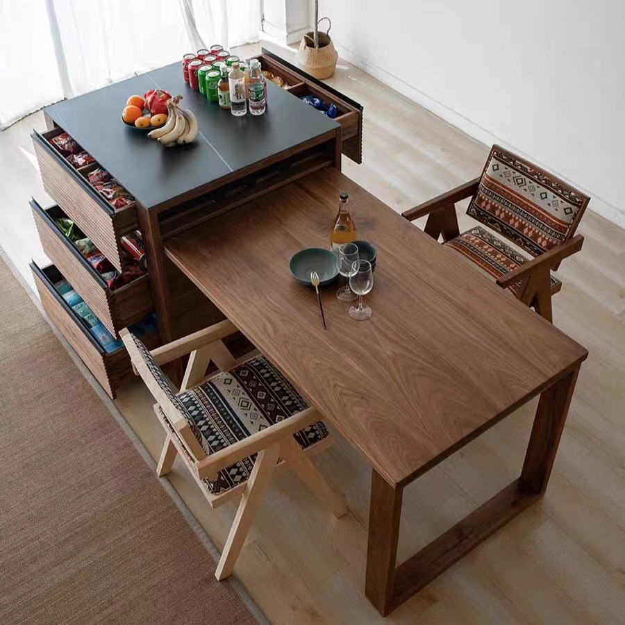 North American Black Walnut Solid Wood Integrated Telescopic Island Table Table Nordic Modern Simple Living Room Log Island Table Storage Cabinet