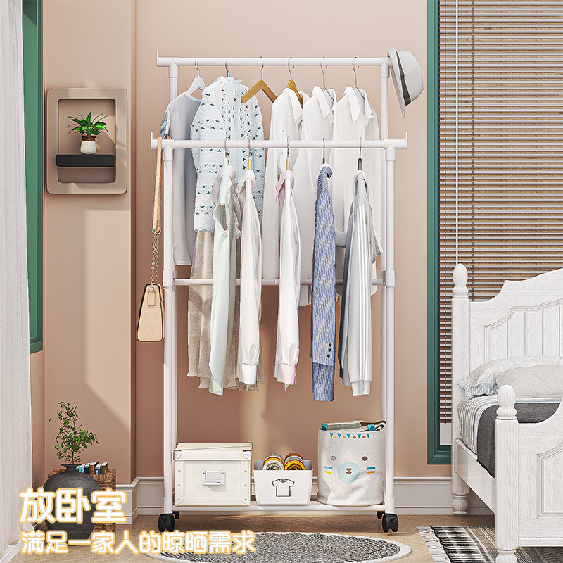 Simple Floor Bedroom Clothes Rack Shoes and Hats Integrated Rack Single and Double Rod Wheeled Clothes Rack Multi-Layer Storage Coat Rack