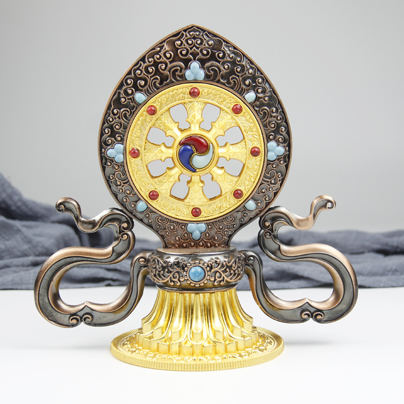 Alloy Auspicious Dharma Wheel Ornament Xizang-Style Home Decoration for Offering before Buddha, Esoteric Xizang Tradition