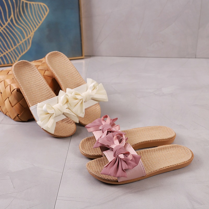 Slippers Women's Summer Indoor and Outdoor Home Floor Non-Slip Office Slippers Home Cute Bow Linen Slippers