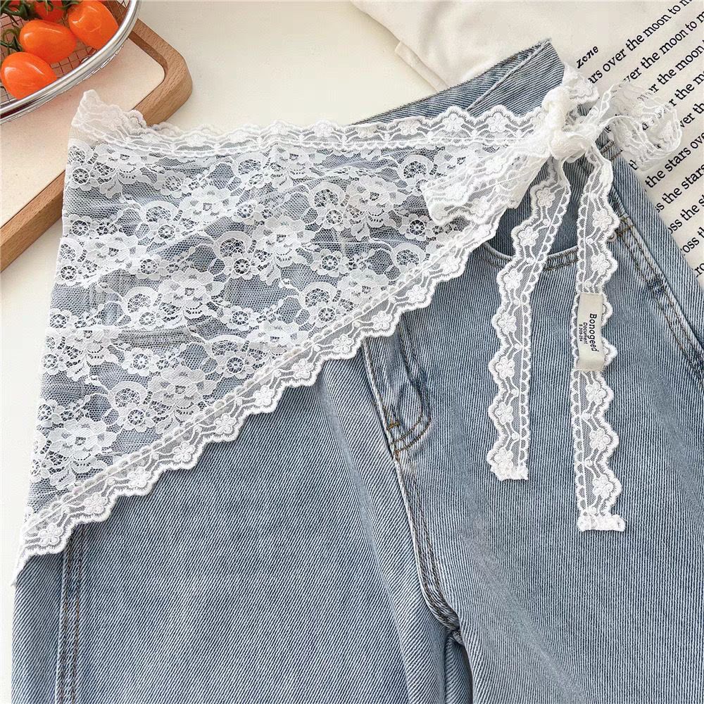 High-End 2025 New White Hem Skirt Curtain Jeans Lace Butt Curtain Women's Layered Triangle Scarf Covering the Span and Slimming Look