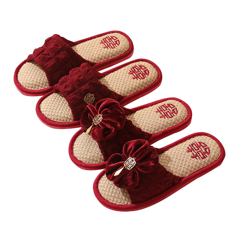 Linen Wedding Slippers Wedding Pair Red Festive Indoor Non-Slip Home Wedding Bride and Groom Dowry Slippers