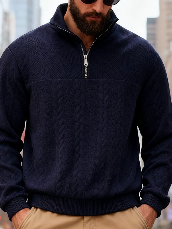 Cross-Border American Retro Casual Stand-Up Collar Zipper Pullover Loose Knitted Heavy Splicing Jacquard Autumn and Winter Long-Sleeved Sweatshirt