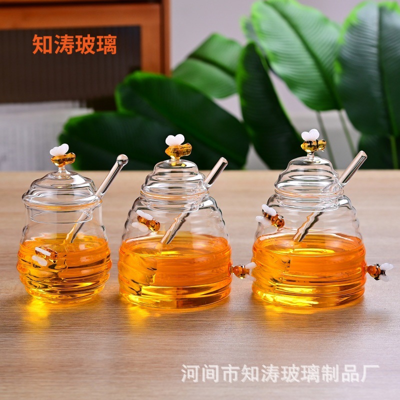 Manufacturer Sells Honeycomb-Shaped Little Bee Glass Honey Jar with Lid Stirring Stick Creative Kitchen Supplies