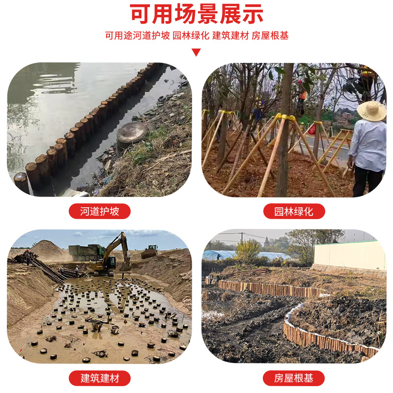 Flood Prevention Wooden Piles for Forest Farms, Direct Delivery for Riverbank Piling Projects, Solid Wood Piles, Pine Wood Piles, Natural Wood Riverbank Protection Sharpened Wooden Piles