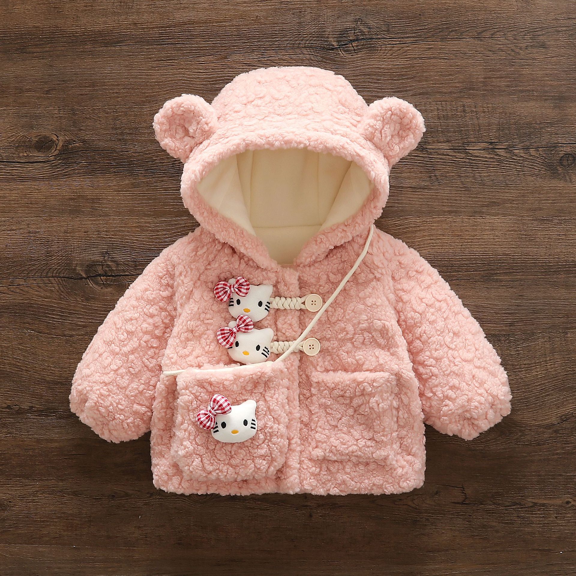W328 Girls' Pink Fashionable Velvet Jacket Baby Winter Clothing Kidsren's Korean Style Stylish Quilted Hooded Winter Kidsren's Clothing