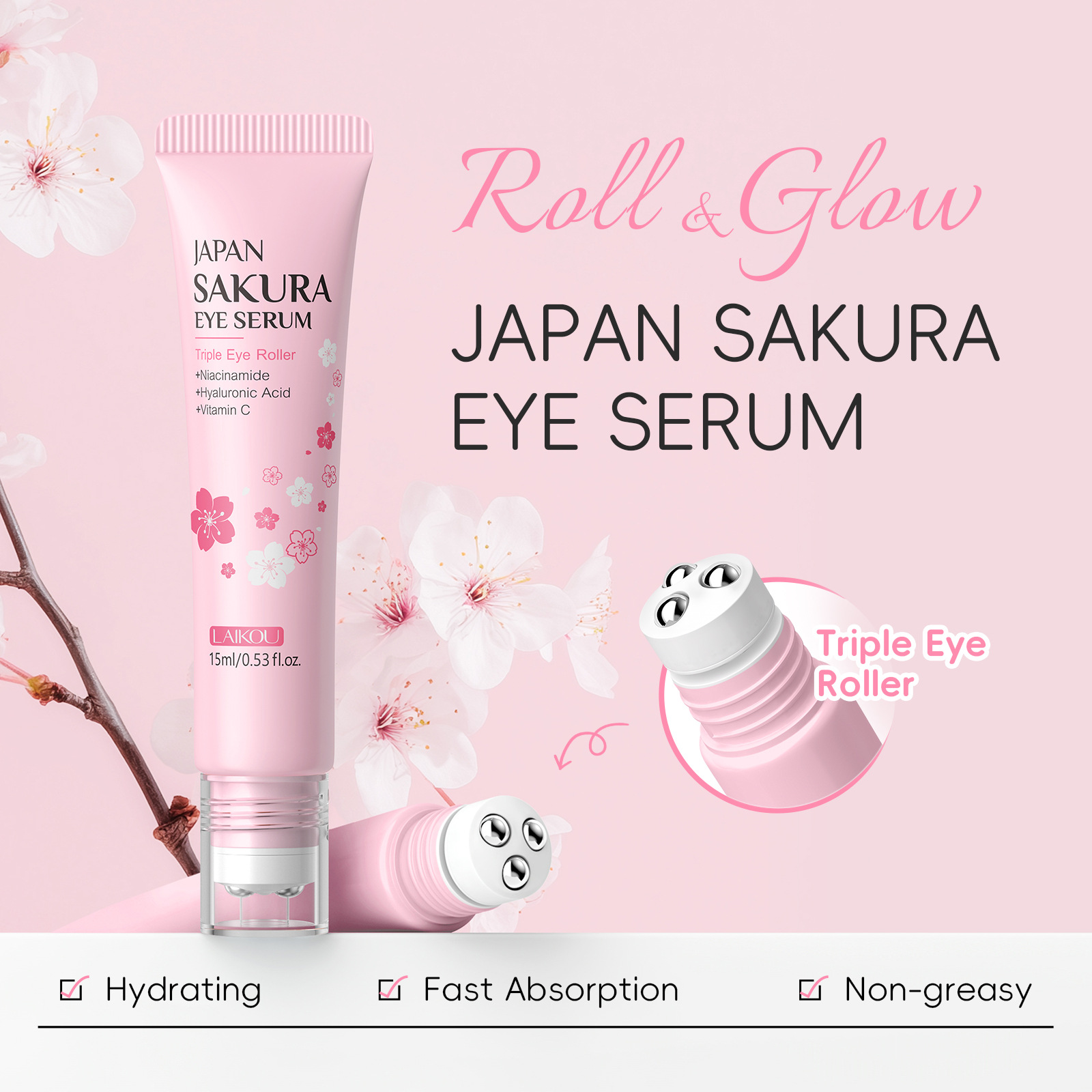 LAIKOU Cherry Blossom Eye Essence 15ml Ball Massage Eye Care Eye Cream Moisturizing and Hydrating Skin Care Products