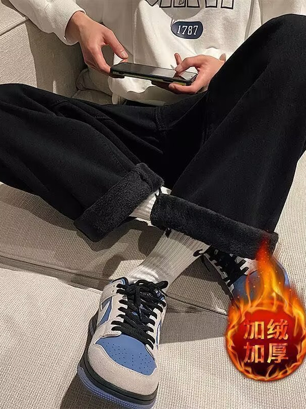 High Street Retro Velvet Thickeneded Jeans Men's Winter 2025 New Elastic Waist Straight Loose Warm Wide Leg Pants