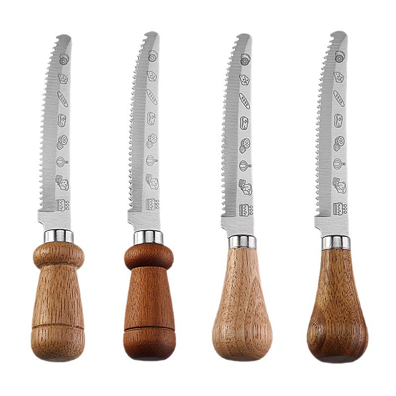 Factory Spot Wooden Handle Serrated Steak Knife Stainless Steel Creative Tableware Western Steak Knife Cake Toast Bread Knife