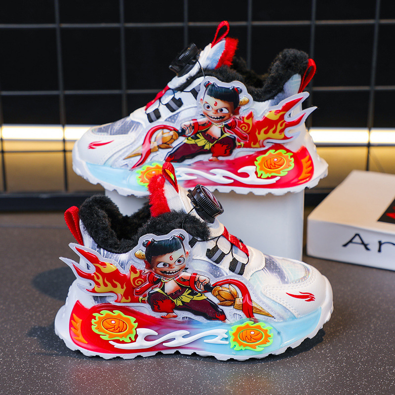 Wholesale Children's Sports Shoes 2025 Autumn and Winter New Leather Surface with Fleece Lining Warm Boys' Shoes Nezha Soft-Soled Running Shoes