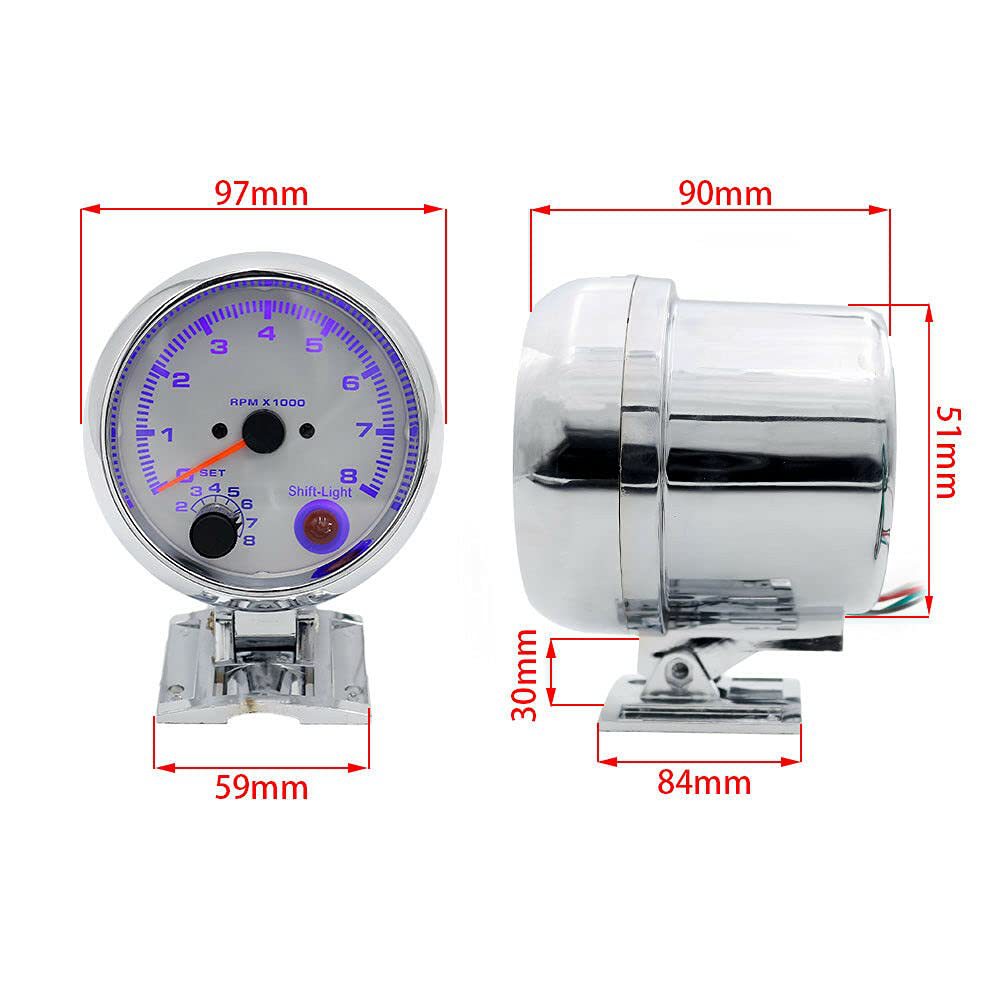 3.75-inch white surface Chrome Shell blue light car tachometer, car meter modified racing meter