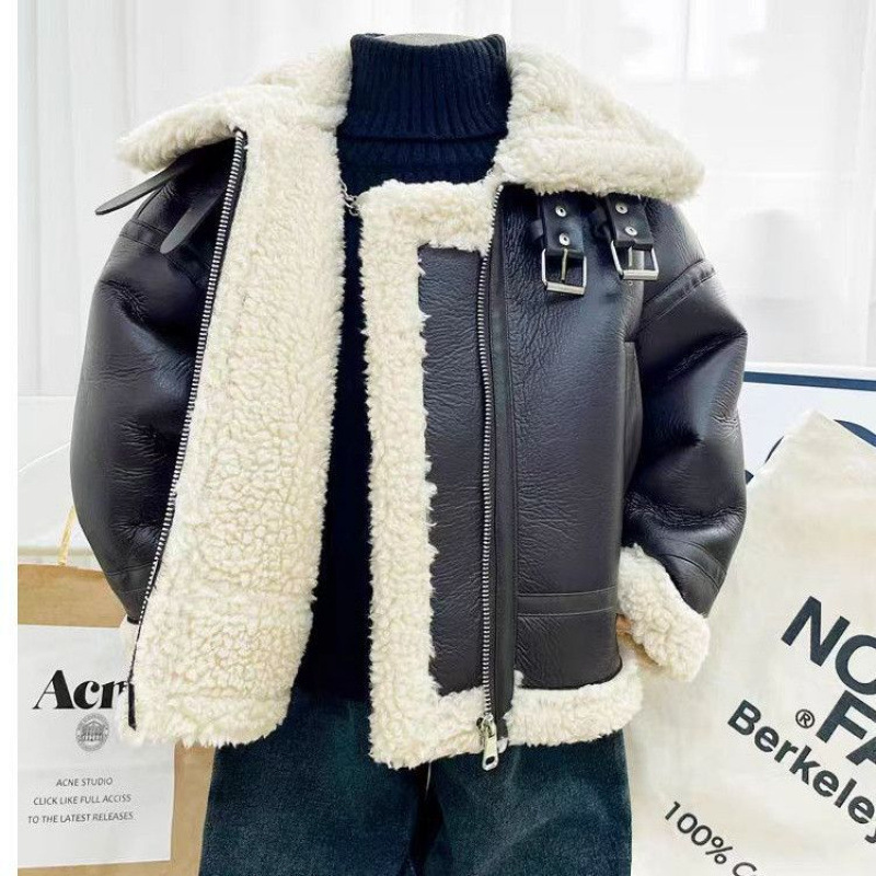 Boys' Autumn and Winter Outwears, Handsome Korean Style Velvet Thick Fur All-In-One Leather Outwears for Small and Medium-Sized Kidsren, Baby Lamb Velvet Outwears