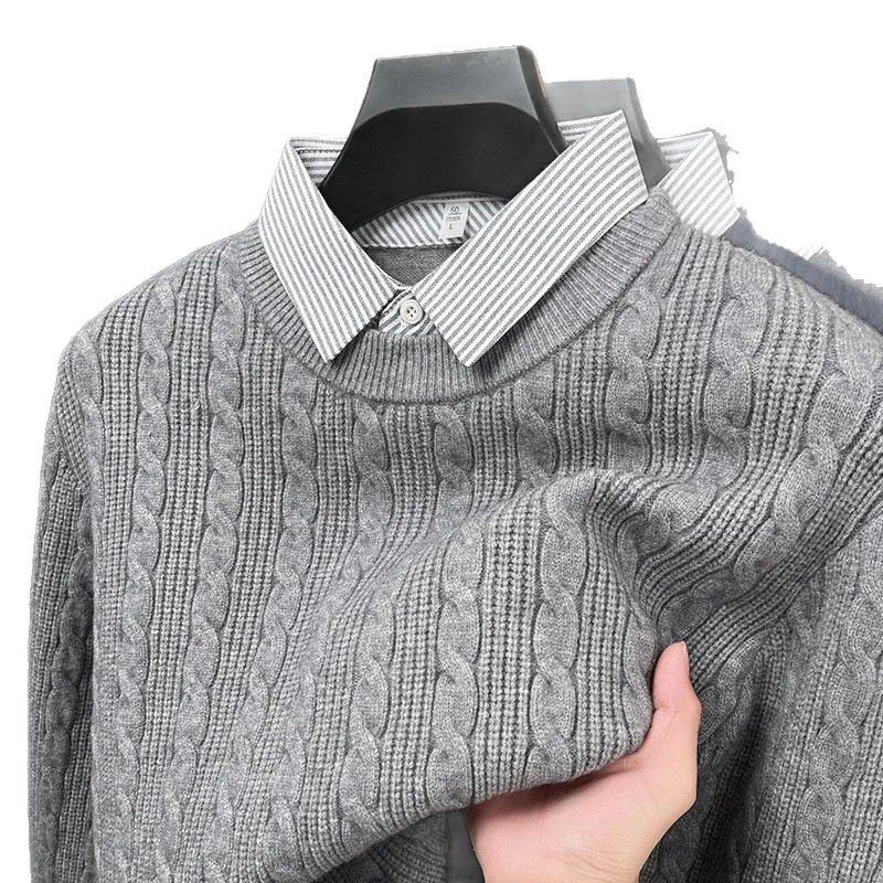Gr2992 Men's Thickened Shirt Collar Trendy Brand Twist Casual Loose Warm Fake Two-Piece Knitted Sweater
