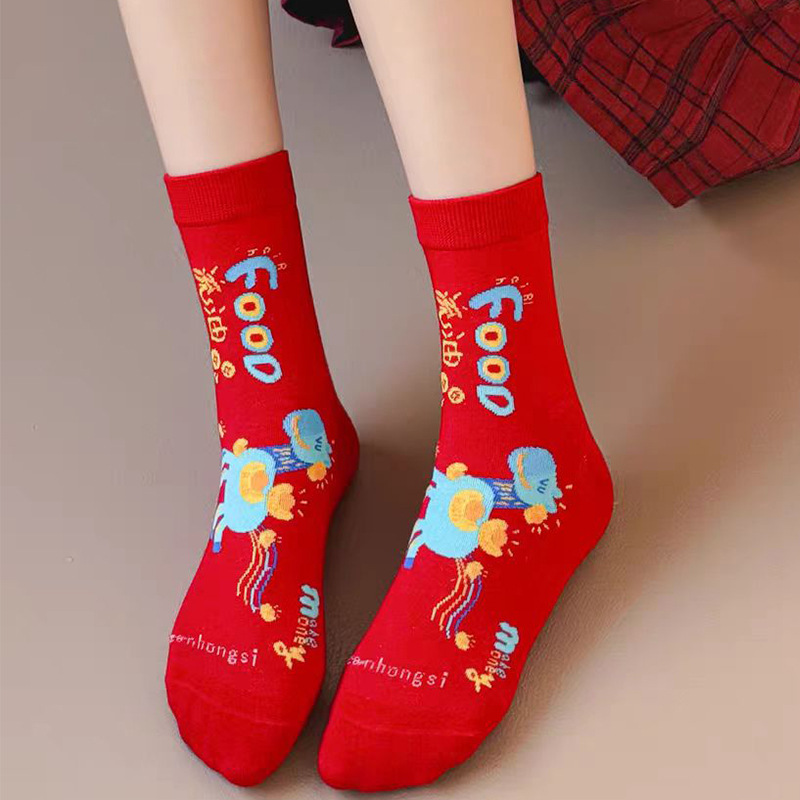 2026 Year of the Horse Red Socks Zodiac Year Socks for Women Cartoon Cute New Year Lucky Socks Autumn Winter Ins Trend Mid-Calf