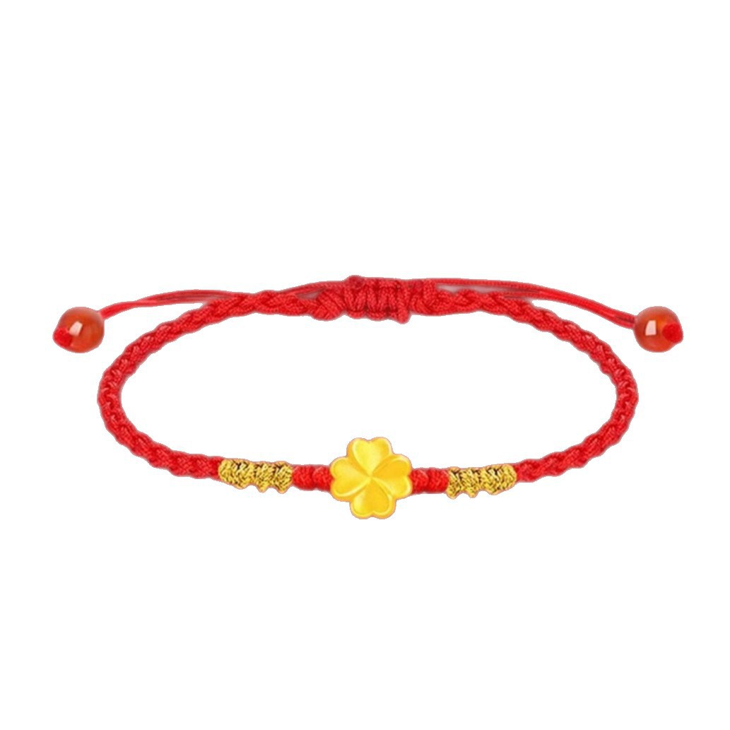 Four-Leaf Clover 24K Gold Bracelet for Women 999 Pure Gold Transfer Beads Braided Bracelet Animal Year Red Rope Valentine's Day Gift