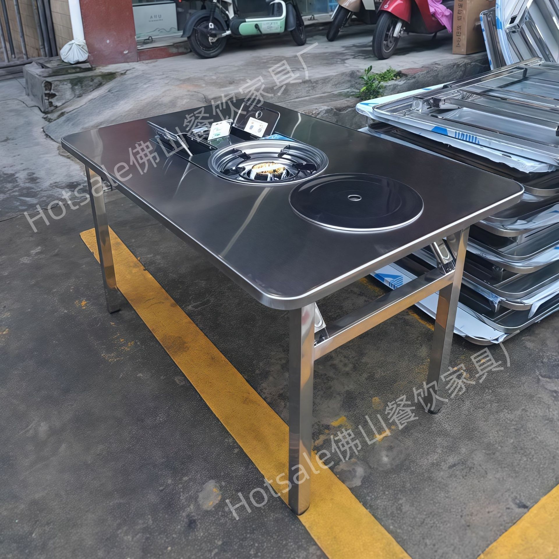Stainless Steel Hot Pot Table Barbecue Table Commercial Foldable Table Small Round Table and Chairs Gas Flameout Protection Built-In Cassette Stove