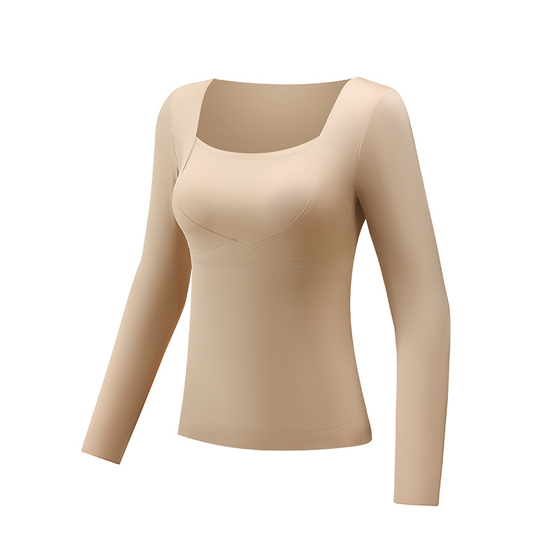 Seamless, Lightweight, Antibacterial, Padded Autumn Clothes for Women, Fixed Cup, Soft Support, Long-Sleeved Intimates, Bottoming Shirt with Muscle Base Layer